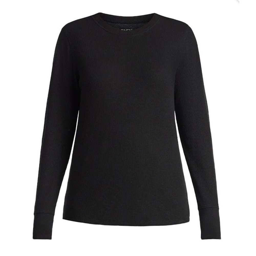 Time and Tru Women's Black Thermal Knit Long Sleeve Crew Neck Ribbed Top Small